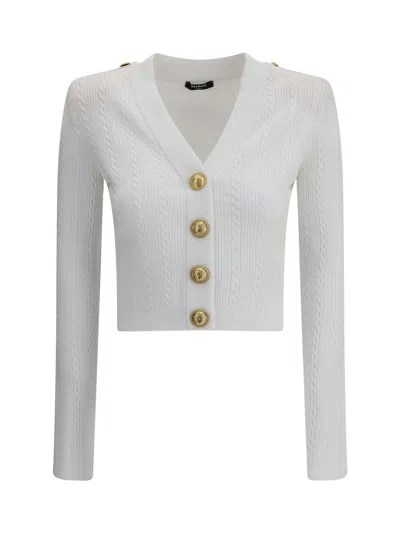 Balmain V-neck Cable Knit Cardigan With Gold-tone Buttons In White