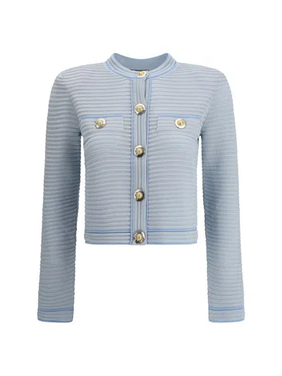 Balmain Long Sleeved Textured Knit Cardigan In Blue