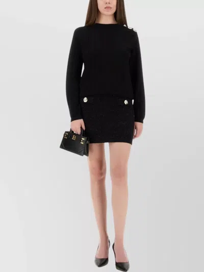 Balmain Knitwear Crew Neck Button Detail Textured Fabric In Black