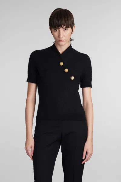 Balmain Women's Short Sleeve Buttoned Cross Collar Top In Black