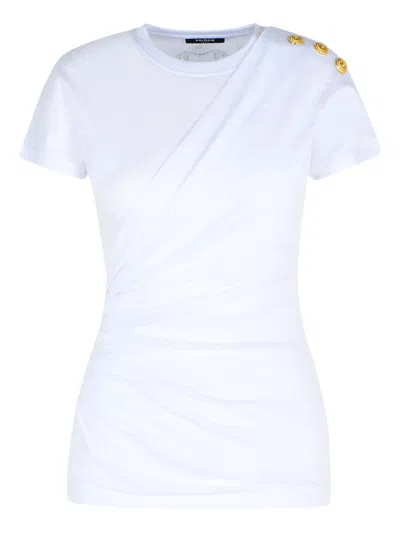 Balmain Cotton T-shirt With Button Detail And Draped Design In White