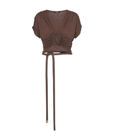 Balmain Knotted Cropped Top In Brown