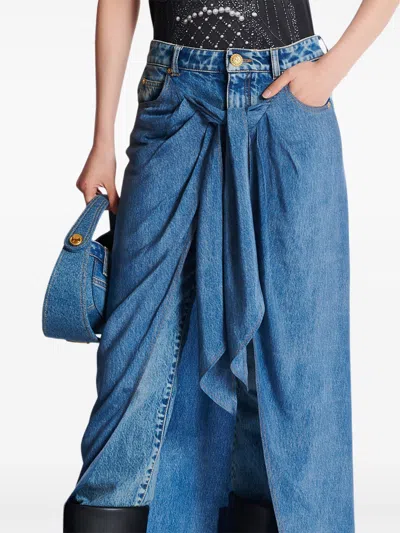 Balmain Knotted Draped Denim Pants In Blue