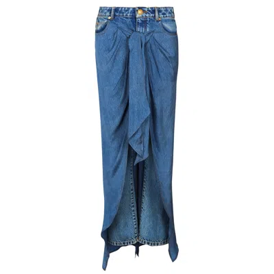 Balmain Knotted Draped Denim Pants In Blue