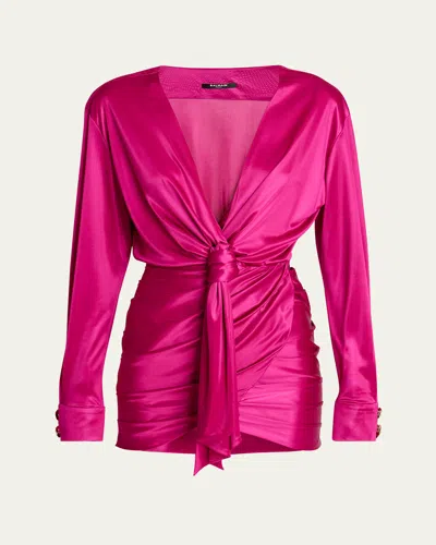 Balmain Knotted Draped Silk Mini Dress