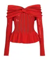 Balmain Off-shoulder Knit Top With Knotted Detail In Red