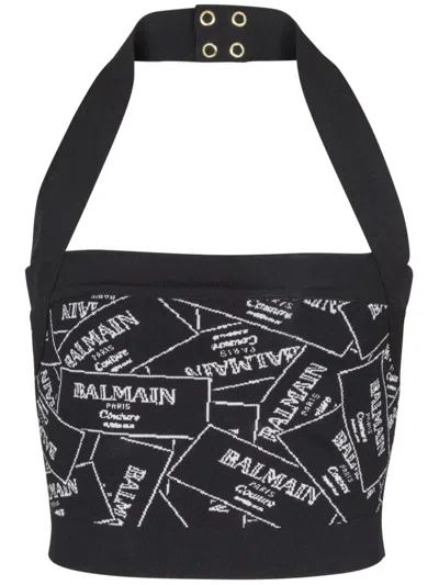 BALMAIN LABEL-MOTIF HALTERNECK TOP