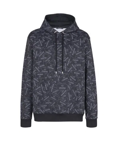 Balmain All-over Label Print Hooded Sweatshirt In Black