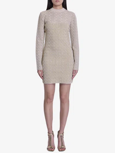Balmain Labyrinth Monogram Long-sleeved Dress In Brown