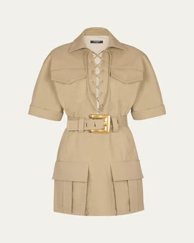 Balmain Lace Front Mini Safari Dress In Nude