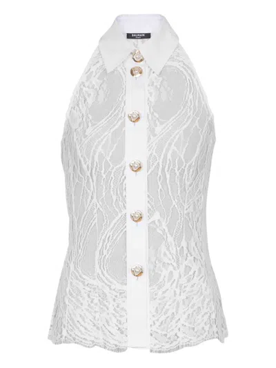 Balmain Lace Halterneck Buttoned Top In White