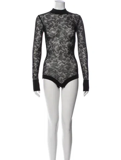 Pre-owned Balmain Lace Pattern Mock Neck Bodysuit In Black
