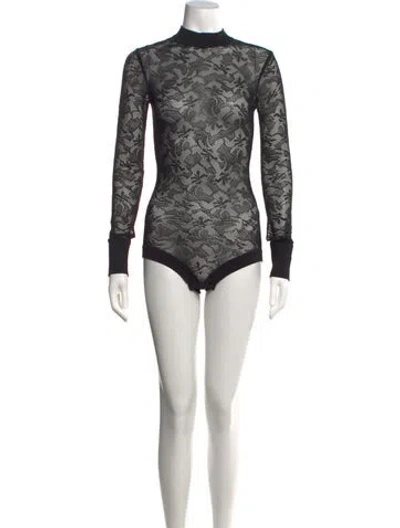Pre-owned Balmain Lace Pattern Mock Neck Bodysuit In Black