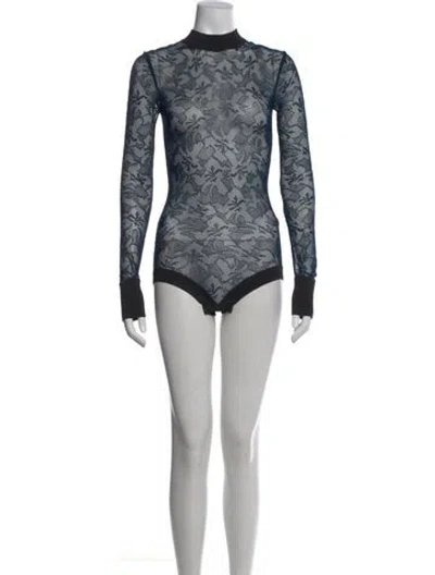 Pre-owned Balmain Lace Pattern Mock Neck Bodysuit W/ Tags In Blue