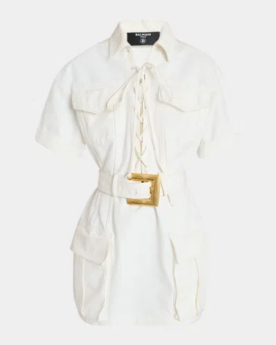 Balmain Lace-up Canvas Denim Mini Dress With Belt