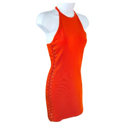 Pre-owned Balmain Lace Up Gold Eyelets Bold Zip Bodycon Knit Halter Red Orange Mini Dress
