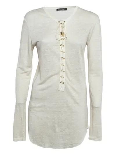 Pre-owned Balmain Lace-up Detail Linen Top In White