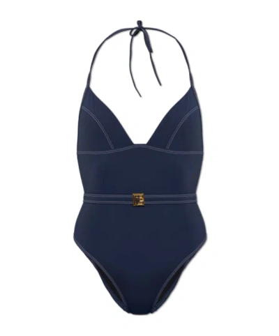 Balmain Belted Contrast-stitch Swimsuit In Blue