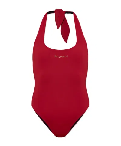 Balmain Lace-up One-piece Swimsuit In Red