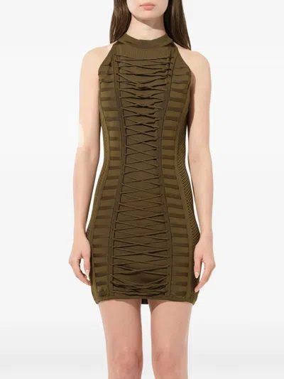 Balmain Lace-up Ribbed-knit Dress In Green