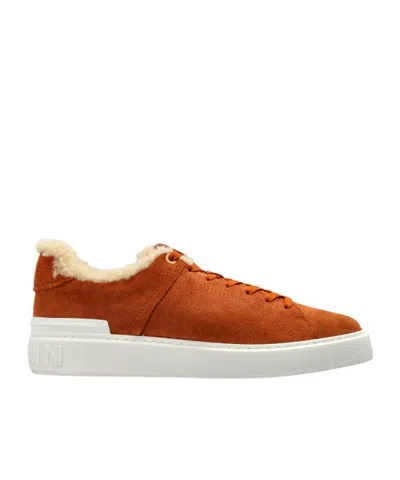 Balmain B-court Shearling-trim Sneakers In Brown