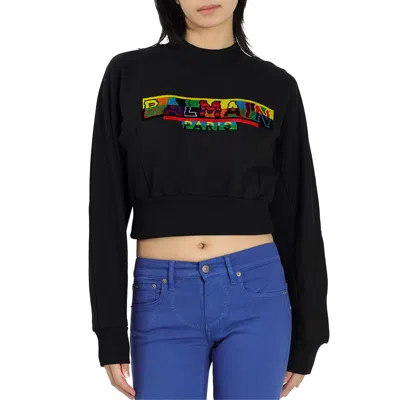 Balmain Ladies Black/multicolor Logo Pixel Embroidered Cropped Sweatshirt