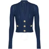 Balmain Ladies Marine Cropped Knit Cardigan