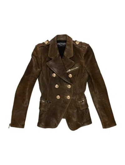 Pre-owned Balmain Lamb Leather Biker Jacket In Green