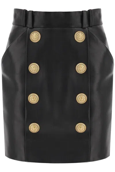 Balmain Lamb Leather Mini Skirt With Ornamental Buttons In Nero
