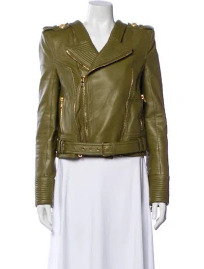 Pre-owned Balmain Lambskin Biker Jacket In Green