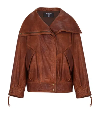 Balmain Lambskin Bomber Jacket In Brown