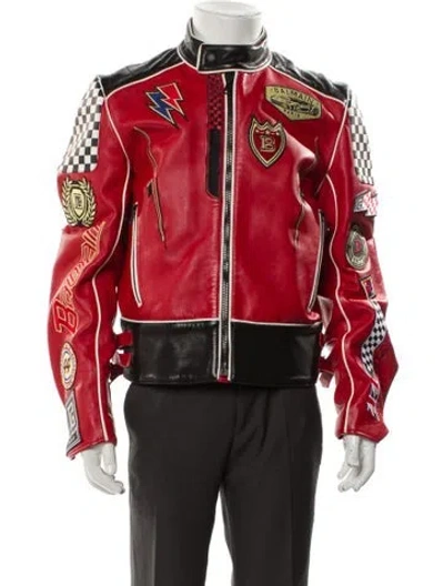 Pre-owned Balmain Lambskin Colorblock Pattern Moto Jacket In Red