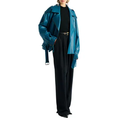 Balmain Lambskin Leather Biker Jacket In Green