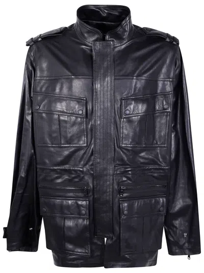 Balmain Men Lambskin Leather Mid Length Parka In Black
