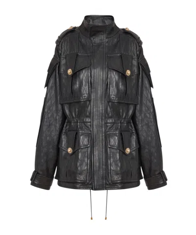 BALMAIN LAMBSKIN LEATHER PARKA WITH TOPSTITCHED DIAMOND PATTERN