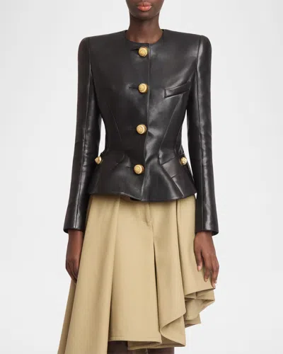 Balmain Lambskin Leather Peplum Jacket In Black