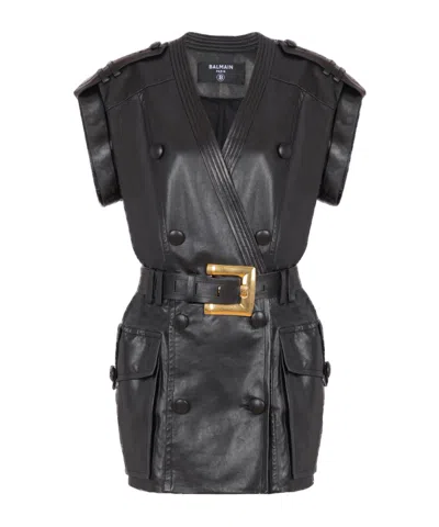 Balmain Lambskin Leather Short Belted Dress In Black