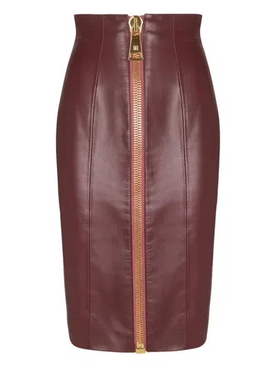Balmain Lambskin-leather Zip-front Mini Skirt In Red