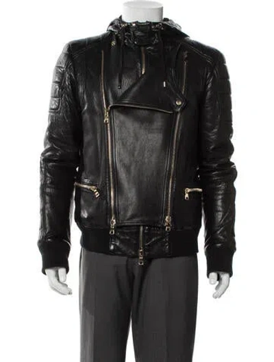 Pre-owned Balmain Lambskin Moto Jacket In Blue