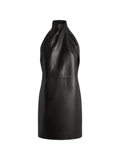 Balmain Paneled Halterneck Leather Mini Dress In Black