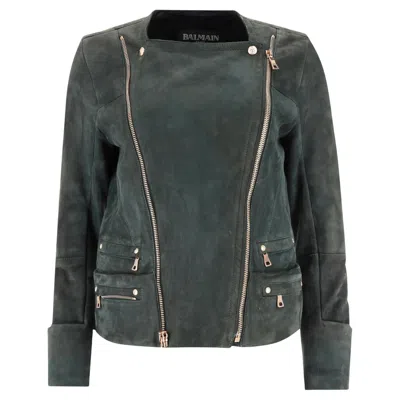 Pre-owned Balmain Lambskin Suede & Shearling Biker Jacket In Black