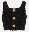 Balmain Lurex-thread Tweed Crop Top With Fringed Detail In Noir/or