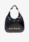 Balmain Large 1945 Soft Hobo Bag In Embossed Crinkled Calfskin With A Pb Labyrinth Monogram In Black