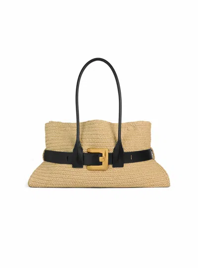 Balmain Large Anthem Bag In Smooth Leather And Crochet In Neutral