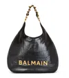 Balmain Large 1945 Soft Hobo Bag In Embossed Crinkled Calfskin With A Pb Labyrinth Monogram In Black
