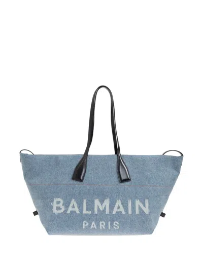 Balmain Large Logo-print Denim Tote Bag In Blue