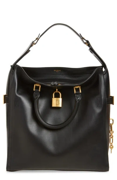 Balmain Large Pulse Waxy Calfskin Tote In Black