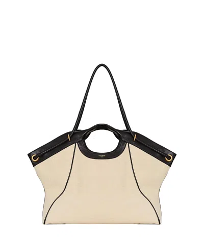 Balmain Large Tote In Smooth Leather And Canvas In Beige