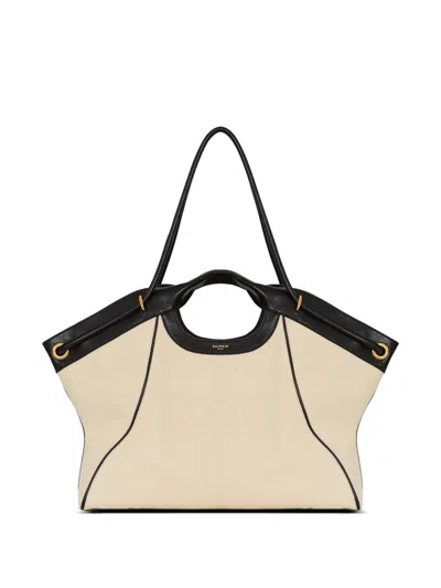 Balmain Large Tote In Smooth Leather And Canvas In Neutral