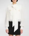 Balmain Pussy-bow Feather-trimmed Silk And Metallic Cotton-blend Tweed Jacket In White